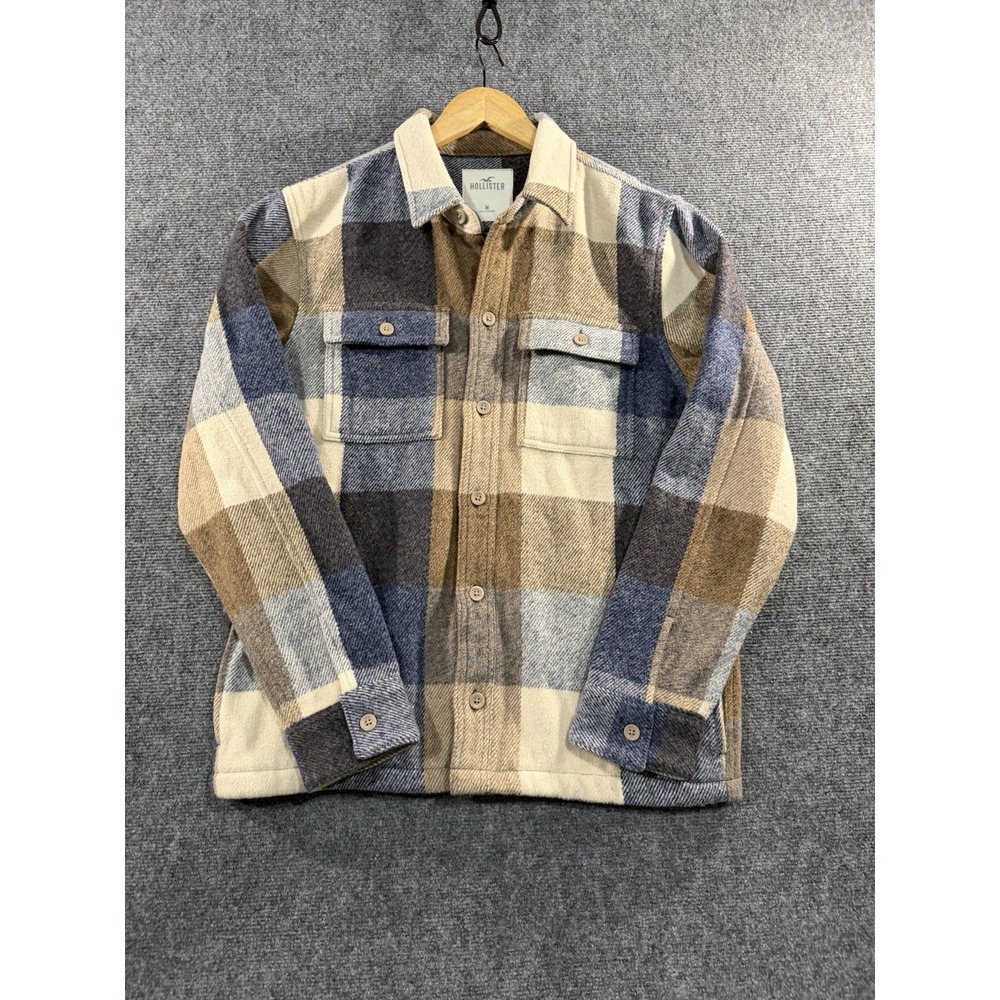 Hollister Mens Plaid Shacket Shirt Jacket Navy Cream Brown Cotton Utility Size M